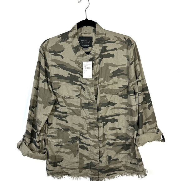 Sanctuary Camo Green Jacket Military Fringed Roll Tab Sleeve Green Size L FLAWED - Picture 1 of 15